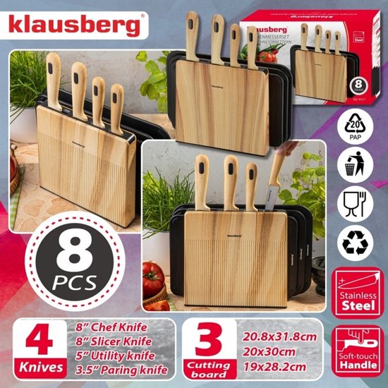 Klausberg - Messerset - 8-teilig - Küchenmesserset - Messerblock mit 4 Edelstahlmessern - 3 Schneidebretter - Küchenzubehör mit Schneidebrettern und Halterung - Schwarz und Naturfarbe
