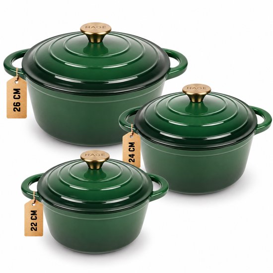 Hage - 3-Piece Cast Iron Casserole Set - Dutch Oven Set - 3L, 4L, and 5L with Lids - Enameled Cooking Pots - Ø22, Ø24, and Ø26 cm - Induction - Oven Safe - Heat Retention - Bottle Green