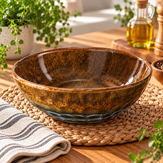MPLCo - Ceramic Bowl - Serving Dish - Breakfast Bowl - Soup Bowl - Salad Bowl - Dishwasher Safe - Oven and Microwave Safe - Organic Shape - Ceramic - 500 ml - Ø18 cm - Green and Brown