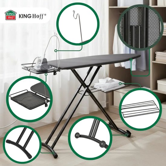 Kinghoff - Strijkplank - Extra Grote Opvouwbare Strijkplank voor Stoomgenerator - Heat Reflect Technologie - Verstelbare Hoogte - Strijkplank met Strijkijzerhouder & Wasrek - Antislip Voeten - 124.5 x 48.3 cm - Zwart