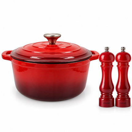 Hage - Rode Keukenset - 3 L Gietijzeren Kookpan met Deksel - 22 cm - Handmatige Zout- en Pepermolens - Set van 2 - Keramisch Maalwerk - Geëmailleerd - Inductie - Oven