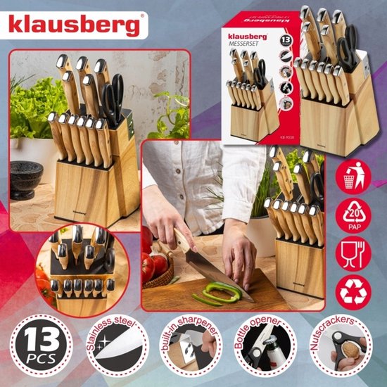 Klausberg - Knife Set - 13-Piece - Kitchen Knife Set - 6 Steak Knives - Stainless Steel Kitchen Knives - Includes Kitchen Scissors - Kitchen Accessories with Knife Block and Sharpener - Wood Look
