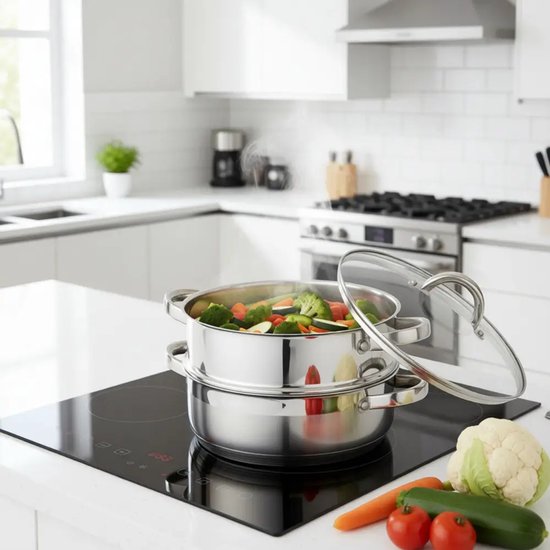 Klausberg - Steamer - 3-Piece Stainless Steel Steam Cooking Set - Steamer Insert - Glass Lid - Induction - Gas - Electric - Stainless Steel - 4.6 Liters - 26 cm - Silver