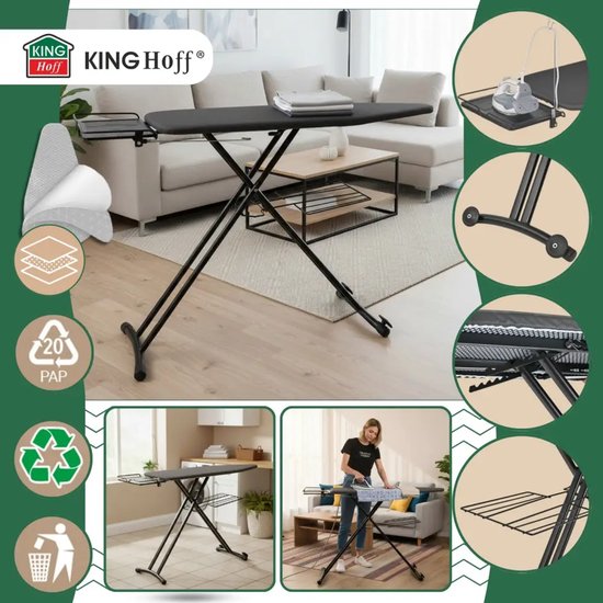 Kinghoff strijkplank voor stoomgenerator – extra groot, 124,5 x 48,3 cm, zwart – foto 4