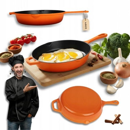 Hage - Gietijzeren Koekenpan - Geëmailleerde Bakpan - Inductie, Gas, Elektrisch & Keramisch - Ovenbestendig - Gelijkmatige Warmteverdeling - Duurzame Koekenpan voor 2-4 Personen - Ø26cm - Oranje