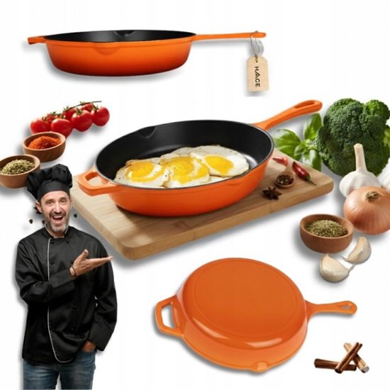 Hage - Cast Iron Frying Pan - Enameled Skillet - Induction, Gas, Electric & Ceramic - Oven Safe - Even Heat Distribution - Durable Frying Pan for 2-4 People - Ø26 cm - Orange