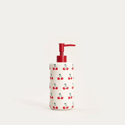 Homla - Zeepdispenser - Handzeepdispensermet Kersen Design - Badkameraccessoire - Handzeepdispenser voor Badkamer & Keuken - 540 ml - Polyresin - 7.8 x 21 cm - Rood & Wit