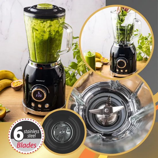 Klausberg - Blender - Smoothie Maker with LED Display - Ice Crusher - Glass Blender with 6 Stainless Steel Blades - Smoothie Blender with Timer - Kitchen Blender 8 Speeds - Crushed Ice Mixer - 1.5 L - 600W - Black