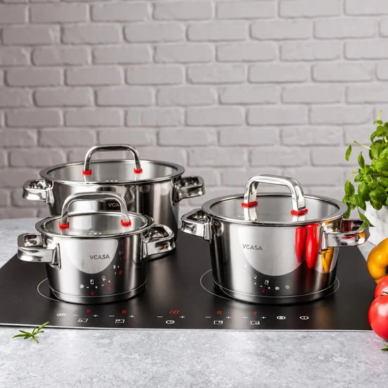 Vcasa pannenset 6-delig, 3 kookpannen 16, 20 en 24 cm met glazen deksels, rvs