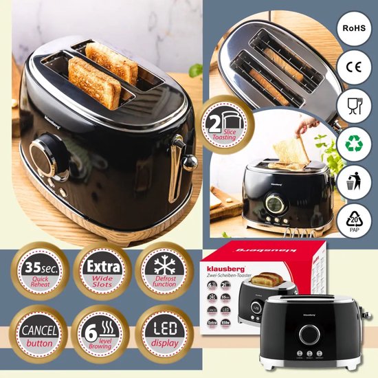 Klausberg - Bread Toaster - Kitchen Toaster - Toaster with LED Display and 6 Settings - Wide Slot Toaster - 2 Slices - Retro Design - Defrost & Reheat Function - 850W - approx. 28.5 x 18.5 x 20 cm - Black