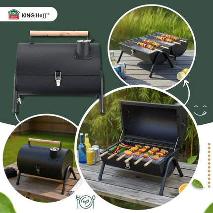 KINGHoff Grill - Draagbare Houtskoolbarbecue Grill - Camping BBQ met Deksel - Opvouwbare Tafelgrill - Reis BBQ met Ventilatie - Compacte Barbecue voor Balkon & Camping - Gepoedercoat Staal - ca. 41 x 25 x 38 cm - Zwart
