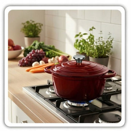Hage - Braadpan - Geëmailleerde Gietijzeren Braadpan - Casserole - Geschikt voor Inductie, Gas & Oven - Inclusief Pannenonderzetter & Handgreepbeschermers - 4 Liter - Ø24 x 12 cm - Rood