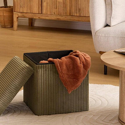 Atmosphera Hocker / Poef Essestial Ribcord - opvouwbaar - groen - MDF/polyester - 38 cm - met opbergruimte - extra zitplaatsen