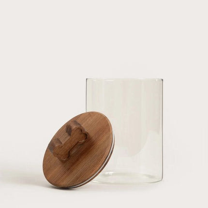 Homla - Animali Hondensnack Bewaarpot - Dierenvoer Voorraadpot - Glazen Snoepjespot voor Huisdieren - Voeropslag met Houten Deksel - 1.7 Liter - Glas en Hout - Ø13 x 21 cm - Transparant