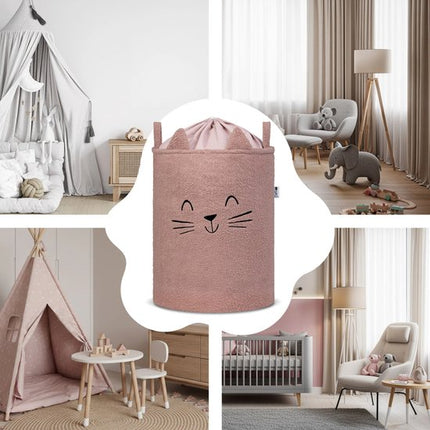 SIPO Grote Opbergmand voor Speelgoed - XL Formaat 43 Liter - Roze Boucle Stoffen Kitten Print - met Trekkoord - 45x43x5cm