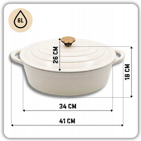 Hage - Gietijzeren Braadpan - Braadpan - Cast Iron Casserole met Deksel - Geëmailleerd - Geschikt voor Inductie & Oven - 6 Liter - 34 x 26 x 18 cm - Crème