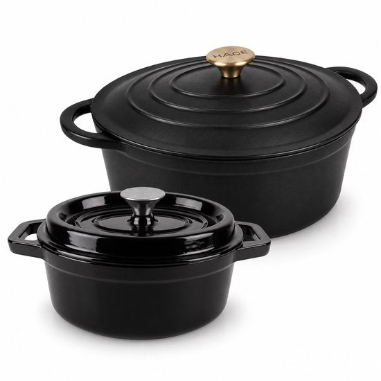 Hage - 2-Piece Set - Cast Iron Dutch Oven Set - 2.85 L + 6 L - Enameled Dutch Ovens with Lid - Baking Dishes for Bread, Meat, and Casseroles - Induction - Dutch Oven - Black