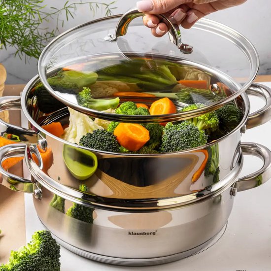 Klausberg - Steamer - 3-piece Stainless Steel Steaming Set - Steamer Insert - Glass Lid - Induction - Gas - Electric - Stainless Steel - 3.5 Liters - 24 x 8.5 cm - Silver