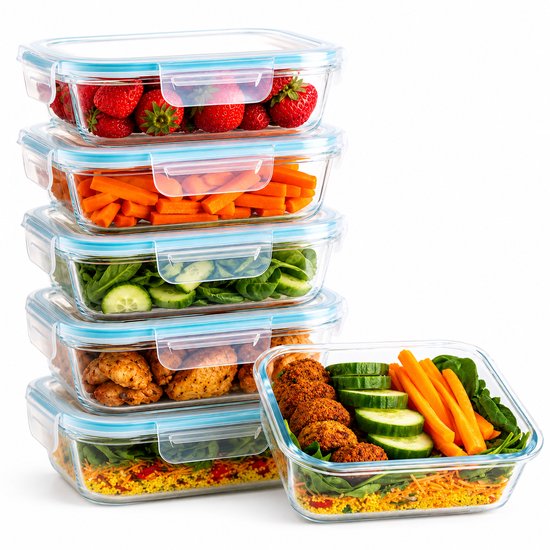 Vershoudbakjes glas met deksel – 4 meal prep- en diepvriesbakjes van 1 liter
