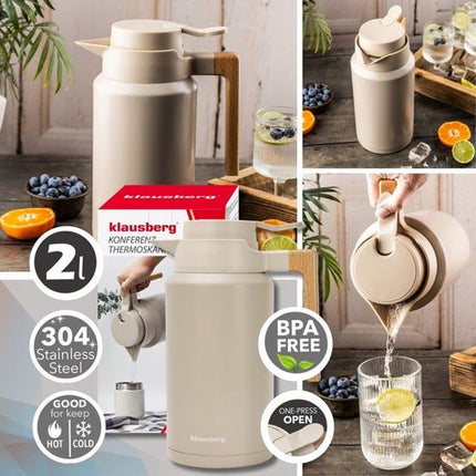 Thermoskan - Vacuüm Thermosfles - Isolerende Koffiekan met Houten Handvat - BPA-vrij - 2 Liter - RVS 304 - Beige