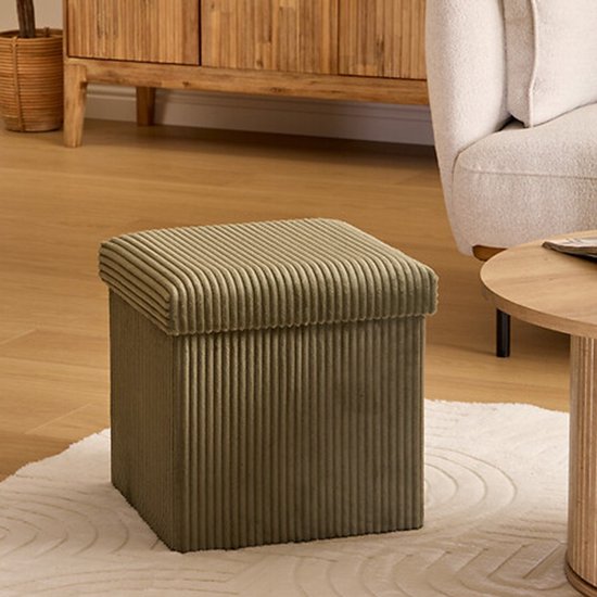 Atmosphera Essestial Ribcord Ottoman / Pouffe - foldable - green - MDF / polyester - 38 cm - with storage - extra seating