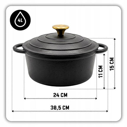 Hage - Geëmailleerde Gietijzeren Stoofpan - Braadpan met Deksel - Geschikt voor Inductie, Gas & Oven - Kookpot voor Braden, Stoven en Bakken - Inclusief Pannenhouder & Handbeschermers - 4L - Ø24 cm - Mat Zwart