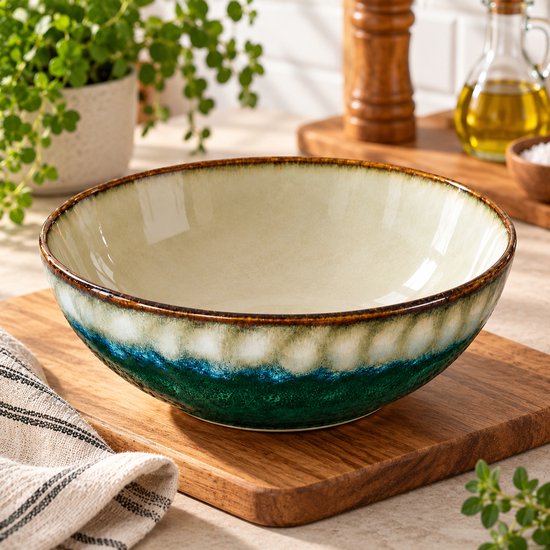 MPLCo - Ceramic Bowl - Serving Bowl - Breakfast Bowl - Soup Bowl - Salad Bowl - Dishwasher Safe - Oven and Microwave Safe - Organic Shape - Ceramic - 500 ml - Ø18 cm - Green and Grey