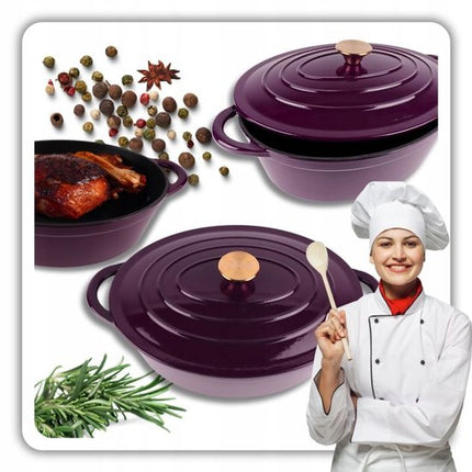 Hage - Braadpan - Geëmailleerde Gietijzeren Braadpan met Deksel - Oven & Inductie Geschikt - Voor Braden, Stoven en Ovenschotels - 6 Liters - 34 x 26 x 18 cm - Paars