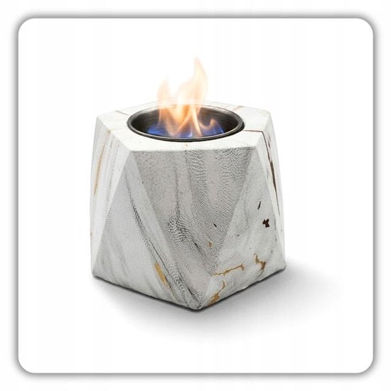 Hage - Tischkamin - Biokamin - Freistehender Bio-Ethanol-Tischkamin - Rauchfreier Dekokamin für drinnen & draußen - Freistehend - 13 x 10 cm – Weißer Marmor-Look mit goldenen Akzenten