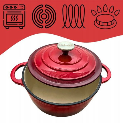 Hage - Braadpan - Geëmailleerde Gietijzeren Braadpan - Casserole - Geschikt voor Inductie, Gas & Oven - Inclusief Pannenonderzetter & Handgreepbeschermers - 3 Liter - Ø22 x 9.5 cm - Rood