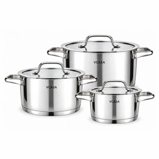 Vcasa 6-delige pannenset van rvs met glazen afgietdeksels, Ø16, Ø20 en Ø24 cm