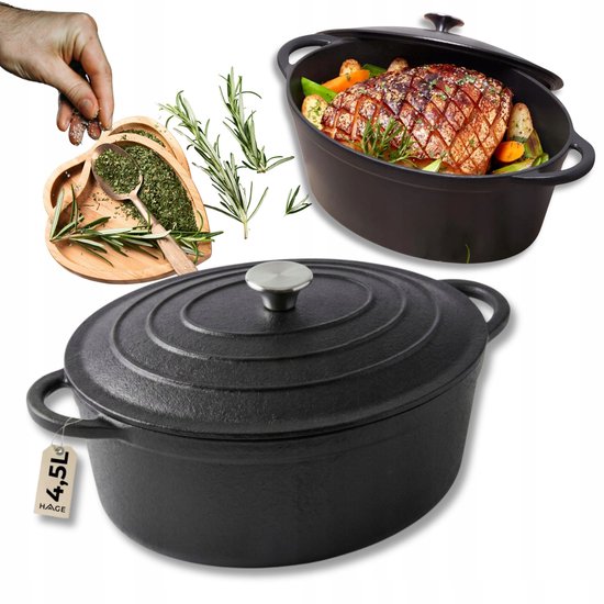 Hage - Bräter - Gusseisen-Bräter mit Deckel - Für Induktion, Gas, Backofen, Grill und Feuer - 4,5 Liter - 28 x 21 x 11 cm - Schwarz