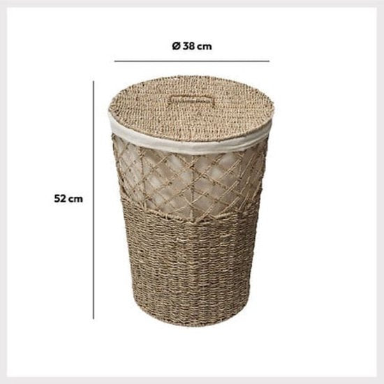Rieten wasmand rond 41 liter – met katoenen waszak, Ø 38 x 55 cm, bruin – foto 3