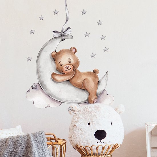 Sipo Bear on the Moon Wall Sticker - Self-Adhesive Space Wall Decor for Nursery - 72 x 57 cm - Space Wall Decal with Stars and Moon