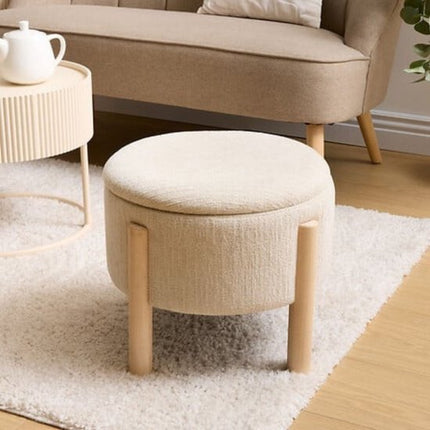 Atmosphera - Opbergkruk Elki Ø 45.5 cm Wit Chenille - 37 cm Hoog - met opbergruimte - Poef - Zitkrukje - Bijzettafel - Zitpoef