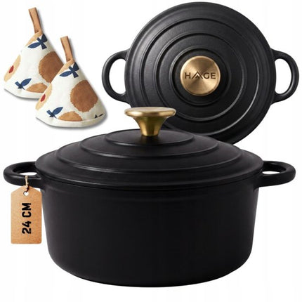 Hage - Geëmailleerde Gietijzeren Stoofpan - Braadpan met Deksel - Geschikt voor Inductie, Gas & Oven - Kookpot voor Braden, Stoven en Bakken - Inclusief Pannenhouder & Handbeschermers - 4L - Ø24 cm - Mat Zwart