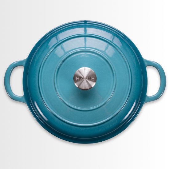 Hage gietijzeren braadpan 30 cm, 3 liter, azuurblauw, met deksel en 2 handgreephoezen