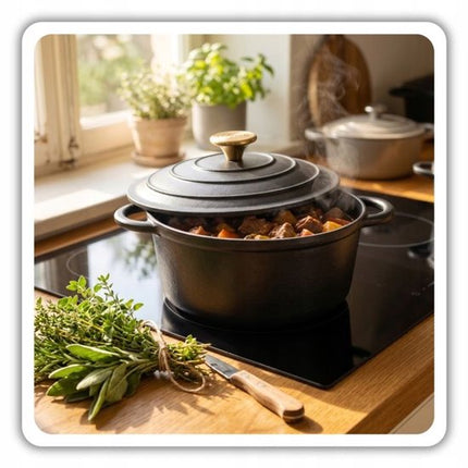 Hage - Gietijzeren Kookpot - Geëmailleerde Braadpan met Deksel - Geschikt voor Inductie, Gas & Oven - Stoofpan, Sudderpan & Bakpan - Inclusief Pannenhouder & Beschermende Handvatten - 3 Liters - Ø22 x 13 cm - Matte Zwart