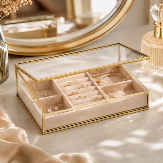 Atmosphera Schmuckkästchen Classico - 24 x 14 x 7 cm - transparent / beige - Schmuckkästchen mit Deckel - Fächereinteilung - Luxusgeschenk
