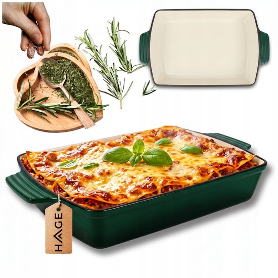Hage - Gietijzeren Ovenschaal - Ovenschaal - Geëmailleerde Bakvorm - Voor Ovengerechten, Vlees, Taart en Ovenschotels - 3. 5 Liters - 32 x 23,5 x 6 cm - Flesgroen