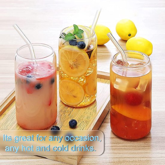 Drinking glasses with lid and straw, set of 6, 500 ml iced coffee can-shaped glasses, Bear Can cocktail glasses, can-shaped glass cups, beer glasses, ideal for water, cocktail, whisky, soft drinks, gift