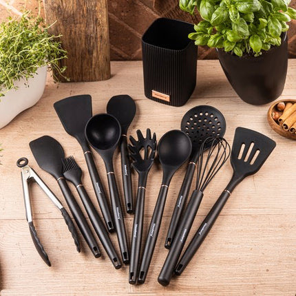 Klausberg Set d'ustensiles de cuisine 12 pièces avec support – Ustensiles de cuisine en silicone – Résistant à la chaleur 220°C – Noir