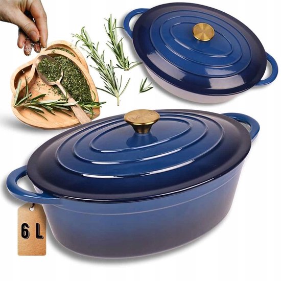 Hage - Roasting Pan - Enameled Cast Iron Roasting Pan with Lid - Suitable for Oven & Induction - For Roasting, Stewing and Casseroles - 6 Liters - 34 x 26 x 18 cm - Blue