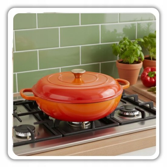 Hage - Roasting Pan - Low Cast Iron Roasting Pan with Lid - Enamelled - Oven & Induction Suitable - For Roasting, Stewing and Casseroles - 3 Litres - 40.5 x 30 x 10.5 cm - Orange