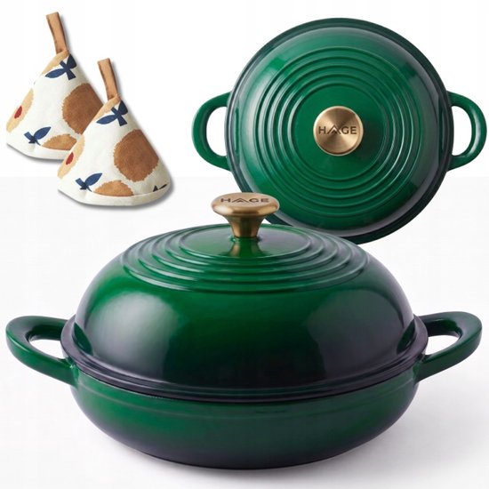 Hage - Cast Iron Bread Pan - Enamelled Baking Dish with Lid - For Homemade Bread & Casseroles - Induction, Gas & Oven Safe - Includes Pot Holder & Hand Protectors - 2L - Ø26 x 16.5 cm - Bottle Green