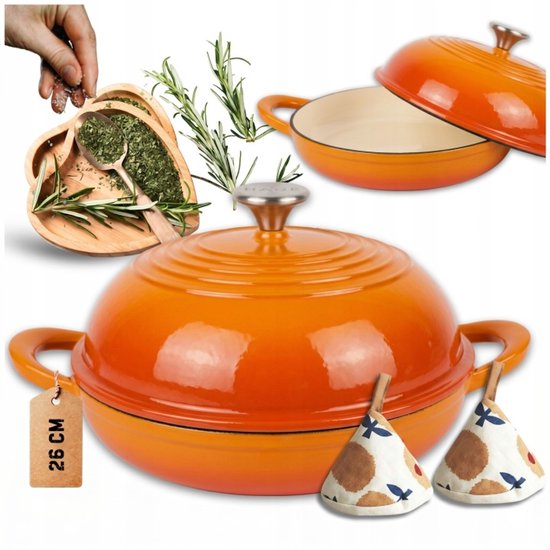 Hage - Broodbakvorm Gietijzer - Geëmailleerde Broodpan met Deksel - Voor Brood Bakken, Gratins & Stoofgerechten - Geschikt voor Gas, Inductie, Keramisch & Oven - Gelijkmatige Warmteverdeling - 2Liters - Ø26 x 16.5 cm - Oranje