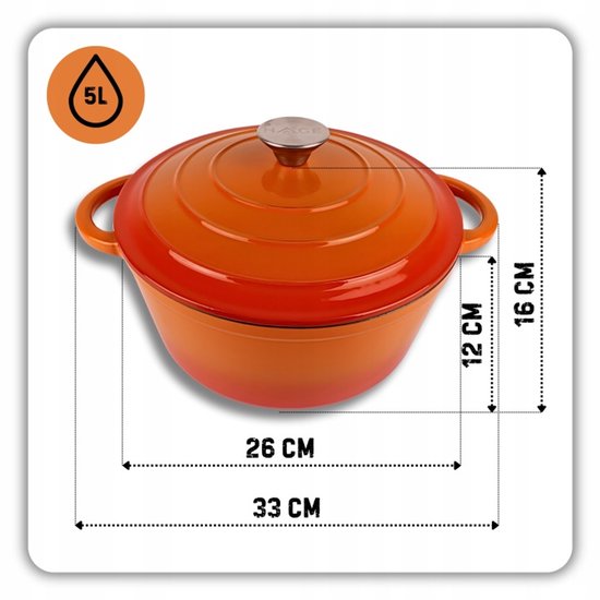 Hage – 4-teiliges gusseisernes Küchenset – Schmortopf 5 l 26 cm mit Deckel & Bratpfanne 20 cm – 2 Salz- und Pfeffermühlen 100 ml – Emailliert – Induktion, Gas & Backofen – Keramikmahlwerk – Orange