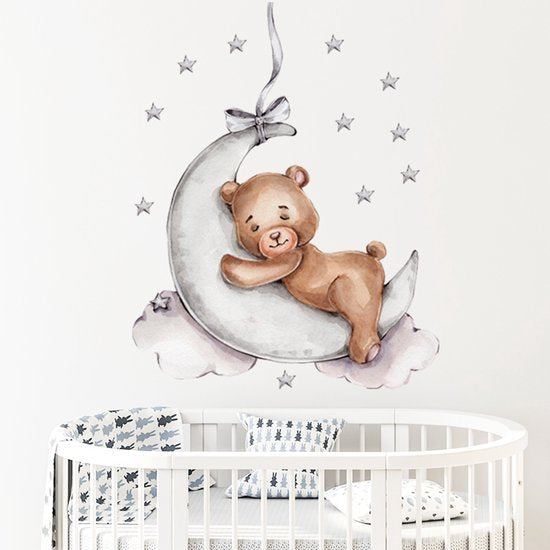 Sipo Bear on the Moon Wall Sticker - Self-Adhesive Space Wall Decor for Nursery - 72 x 57 cm - Space Wall Decal with Stars and Moon