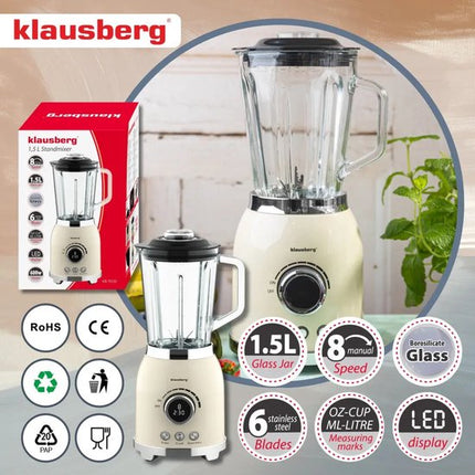 Klausberg - Blender - Smoothie Maker met LED Display - IJscrusher - Glazen Blender met 6 RVS Messen - Smoothie Blender met Timer - Keuken Blender 8 Snelheden - Crushed Ice Mixer - 1.5L - 600W - Crème