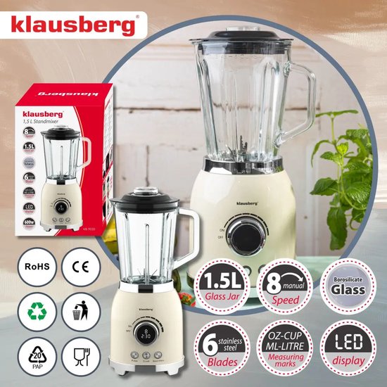 Klausberg glazen blender met ijscrusher – smoothie maker 1,5 L, 600 W, crème – foto 6